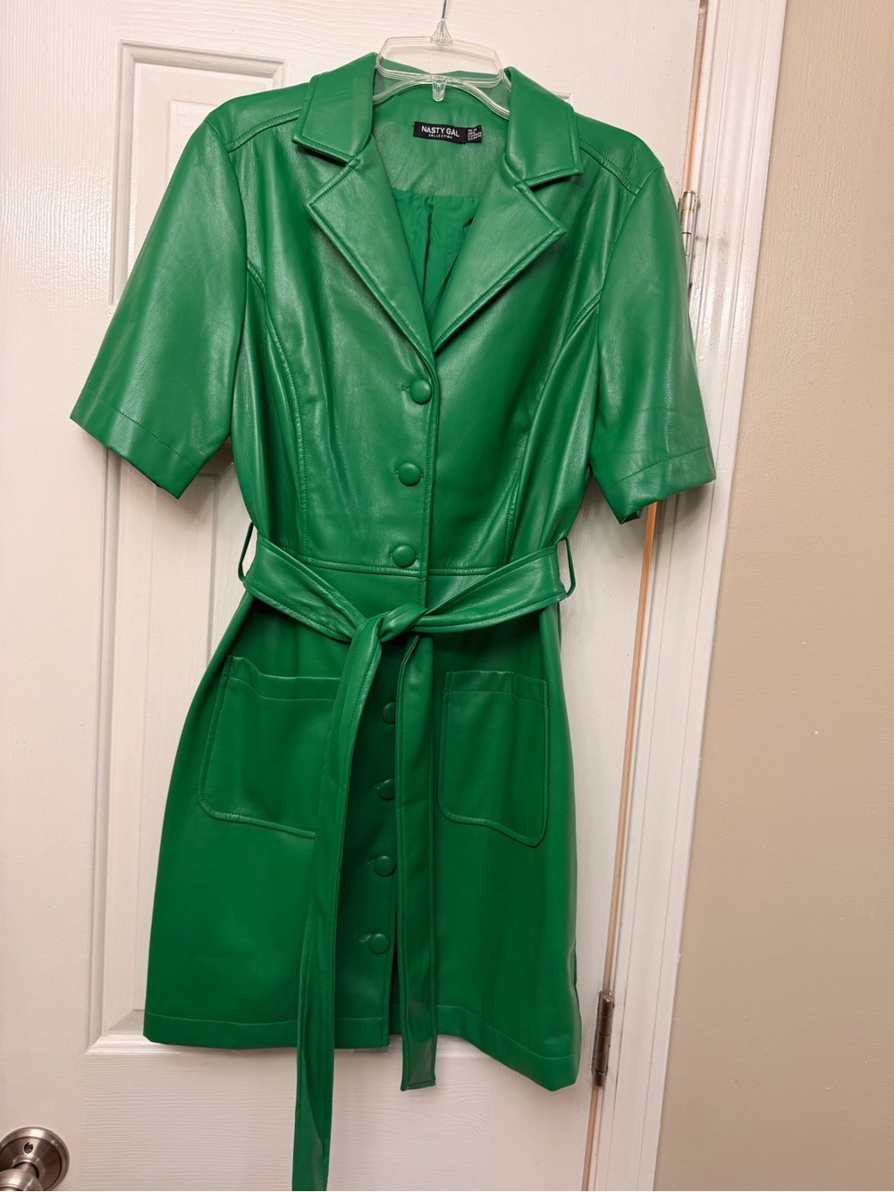 Nasty Gal Green Faux Leather Belted Short-Sleeve Trench Coat